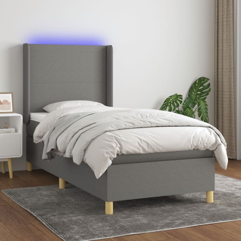 vidaXL Boxspringbett mit Matratze & LED Dunkelgrau 100x200 cm Stoff vidaXL Boxspringbett mit Matratze & LED Dunkelgrau 100x200 cm Stoff