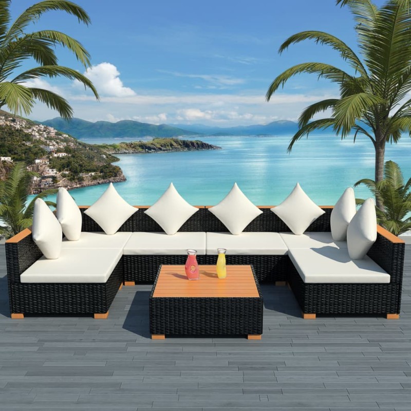 7-tlg. Garten-Lounge-Set mit Auflagen Poly Rattan Schwarz 7-tlg. Garten-Lounge-Set mit Auflagen Poly Rattan Schwarz