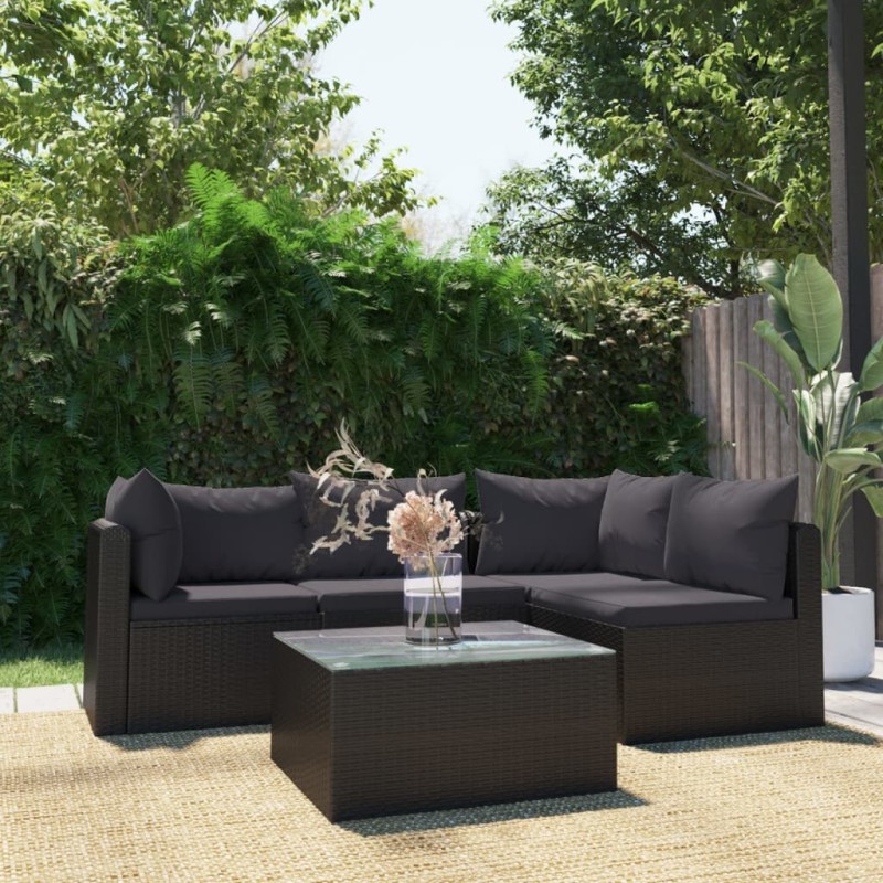5-tlg. Garten-Lounge-Set mit Auflagen Poly Rattan Schwarz 5-tlg. Garten-Lounge-Set mit Auflagen Poly Rattan Schwarz