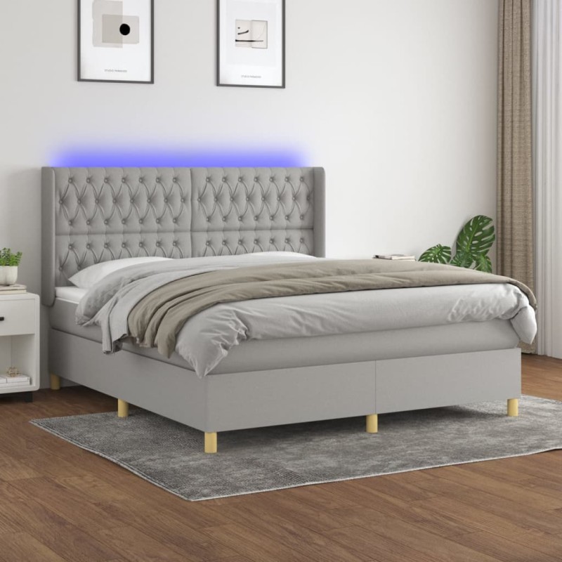 vidaXL Boxspringbett mit Matratze & LED Hellgrau 160x200 cm Stoff vidaXL Boxspringbett mit Matratze & LED Hellgrau 160x200 cm Stoff