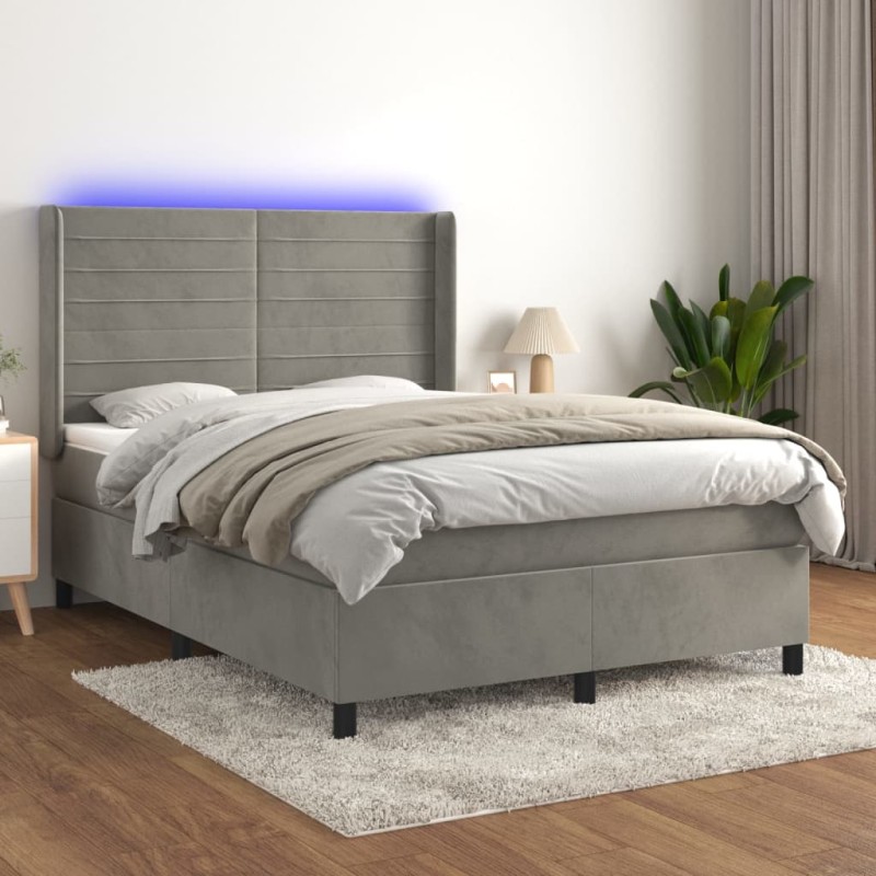 vidaXL Boxspringbett mit Matratze & LED Hellgrau 140x200 cm Samt vidaXL Boxspringbett mit Matratze & LED Hellgrau 140x200 cm Samt