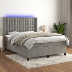 vidaXL Boxspringbett mit Matratze & LED Hellgrau 140x200 cm Samt