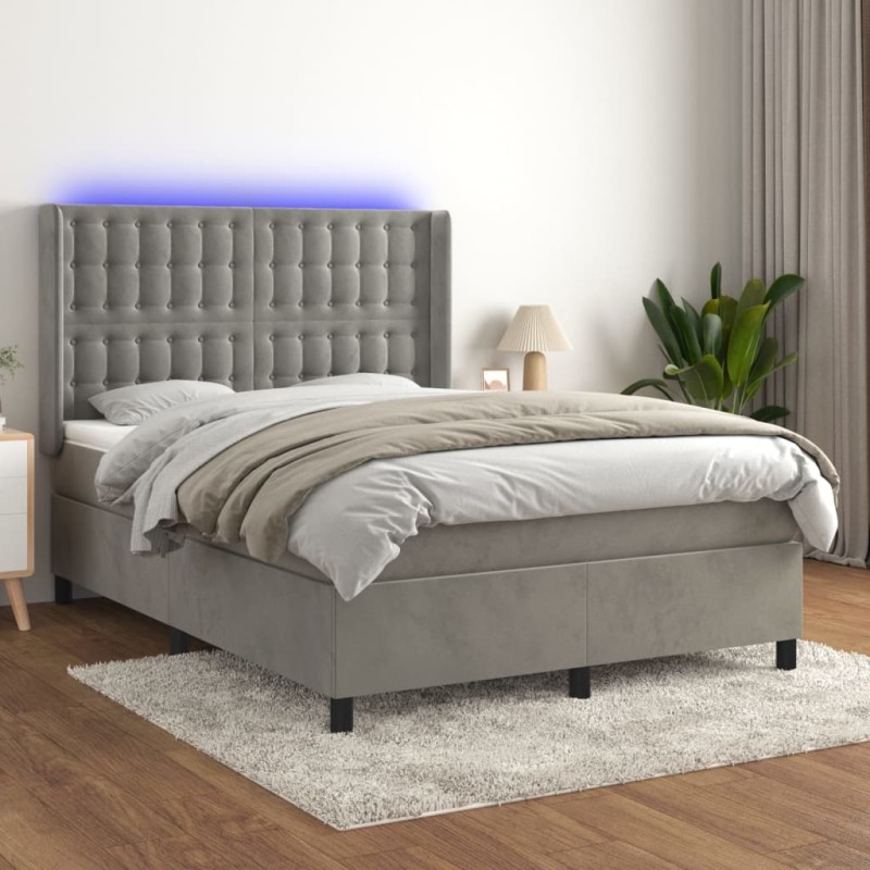 vidaXL Boxspringbett mit Matratze & LED Hellgrau 140x200 cm Samt vidaXL Boxspringbett mit Matratze & LED Hellgrau 140x200 cm Samt