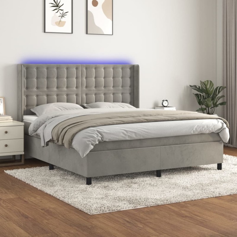 vidaXL Boxspringbett mit Matratze & LED Hellgrau 180x200 cm Samt vidaXL Boxspringbett mit Matratze & LED Hellgrau 180x200 cm Samt