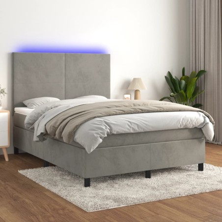 vidaXL Boxspringbett mit Matratze & LED Hellgrau 140x200 cm Samt