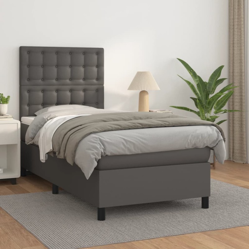 vidaXL Boxspringbett mit Matratze Grau 90x190 cm Kunstleder vidaXL Boxspringbett mit Matratze Grau 90x190 cm Kunstleder