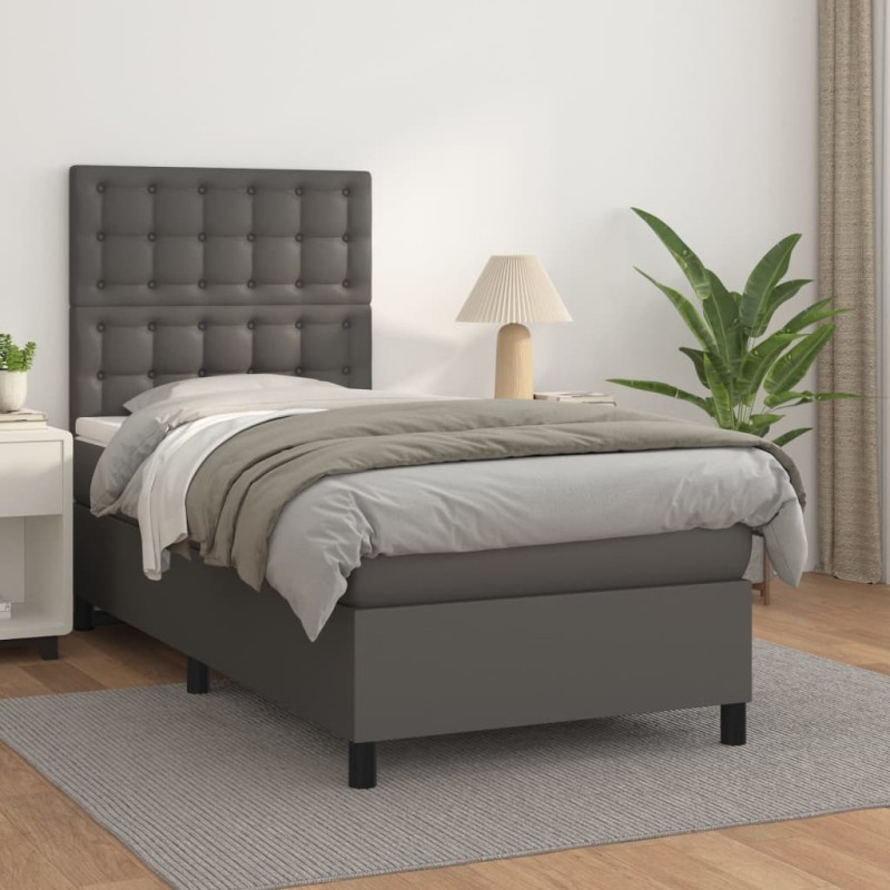 vidaXL Boxspringbett mit Matratze Grau 90x200 cm Kunstleder vidaXL Boxspringbett mit Matratze Grau 90x200 cm Kunstleder