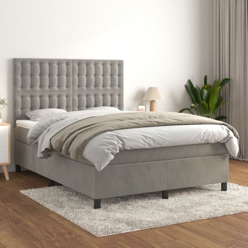 vidaXL Boxspringbett mit Matratze Hellgrau 140x200 cm Samt vidaXL Boxspringbett mit Matratze Hellgrau 140x200 cm Samt