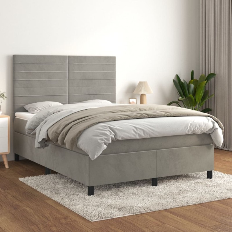 vidaXL Boxspringbett mit Matratze Hellgrau 140x200 cm Samt vidaXL Boxspringbett mit Matratze Hellgrau 140x200 cm Samt