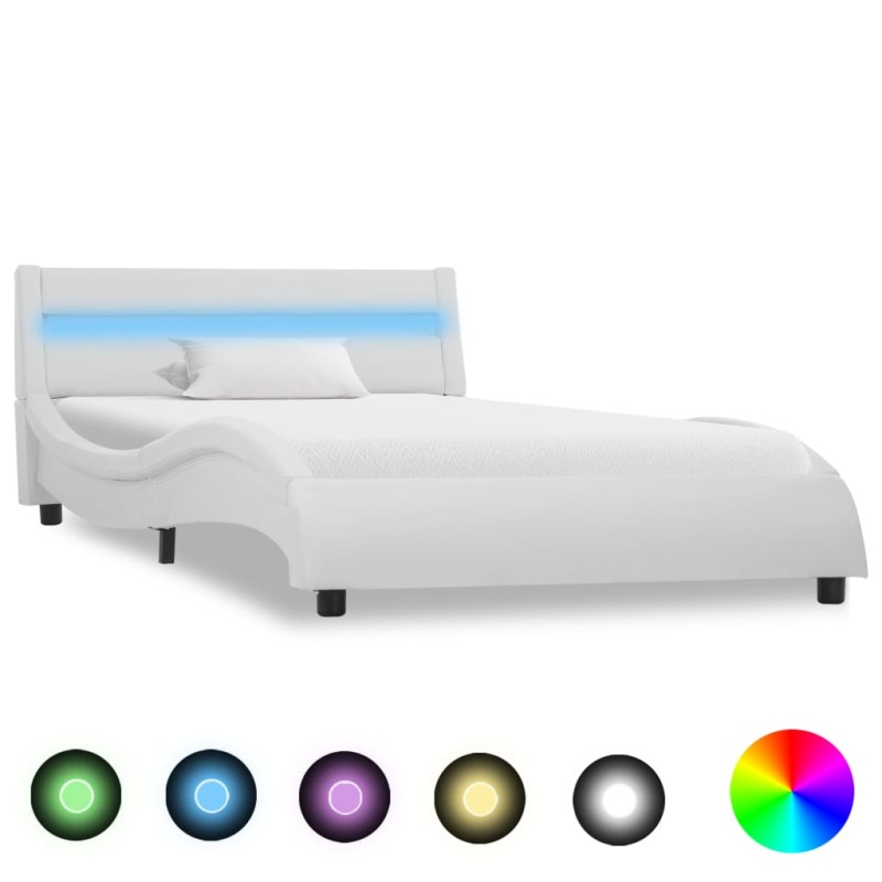 Bettgestell mit LED Weiß Kunstleder 90x200 cm Bettgestell mit LED Weiß Kunstleder 90x200 cm