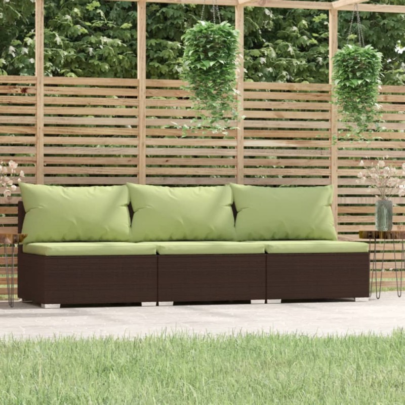 3-Sitzer-Sofa mit Kissen Braun Poly Rattan 3-Sitzer-Sofa mit Kissen Braun Poly Rattan
