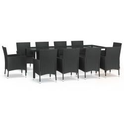 vidaXL 11-tlg. Garten-Essgruppe mit Kissen Schwarz Poly Rattan