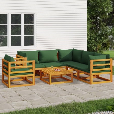 vidaXL 7-tlg. Garten-Lounge-Set mit Grünen Kissen Massivholz