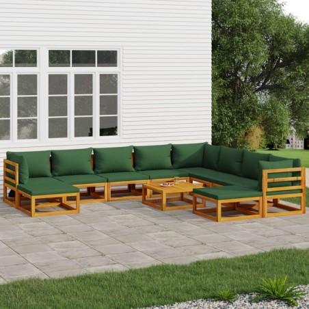 vidaXL 11-tlg. Garten-Lounge-Set mit Grünen Kissen Massivholz
