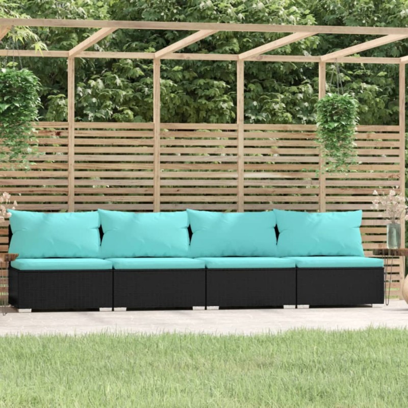4-Sitzer-Sofa mit Kissen Schwarz Poly Rattan 4-Sitzer-Sofa mit Kissen Schwarz Poly Rattan