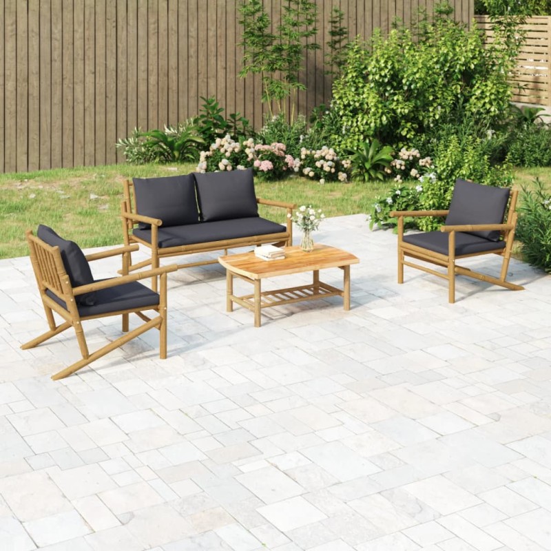 vidaXL 4-tlg. Garten-Lounge-Set mit Dunkelgrauen Kissen Bambus vidaXL 4-tlg. Garten-Lounge-Set mit Dunkelgrauen Kissen Bambus