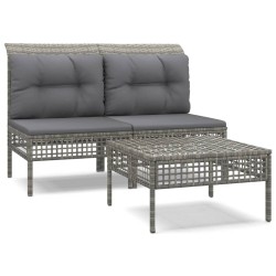 vidaXL 3-tlg. Garten-Lounge-Set mit Kissen Grau Poly Rattan