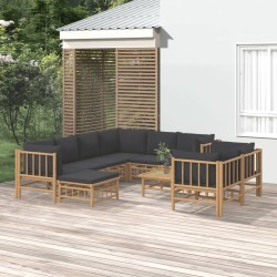 vidaXL 10-tlg. Garten-Lounge-Set mit Dunkelgrauen Kissen Bambus