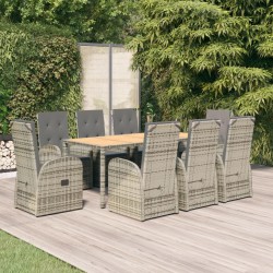 vidaXL 9-tlg. Garten-Essgruppe mit Kissen Grau Poly Rattan