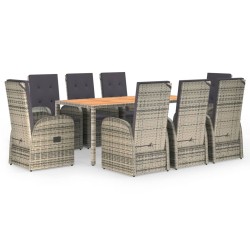 vidaXL 9-tlg. Garten-Essgruppe mit Kissen Grau Poly Rattan