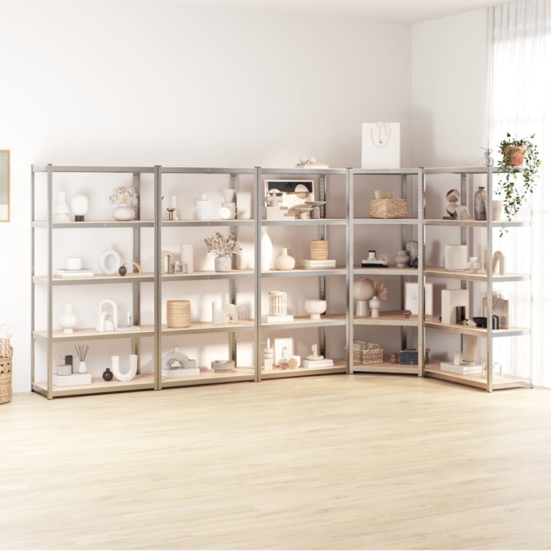 vidaXL Regale mit 5 Böden 5 Stk. Silbern Stahl & Holzwerkstoff vidaXL Regale mit 5 Böden 5 Stk. Silbern Stahl & Holzwerkstoff