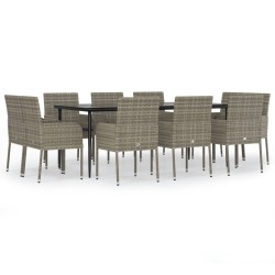 vidaXL 11-tlg. Garten-Essgruppe mit Kissen Schwarz & Grau Poly Rattan