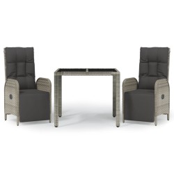vidaXL 3-tlg. Garten-Essgruppe mit Kissen Grau Poly Rattan