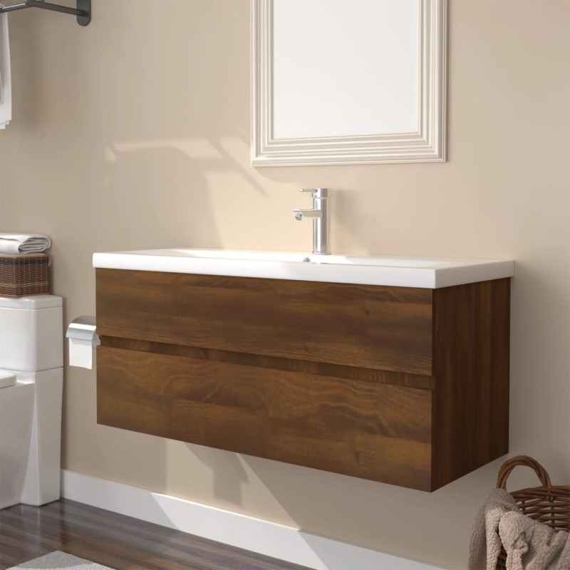 vidaXL Waschbeckenschrank mit Einbaubecken Braun Eiche Holzwerkstoff vidaXL Waschbeckenschrank mit Einbaubecken Braun Eiche Holzwerkstoff
