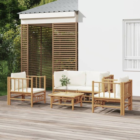 vidaXL 5-tlg. Garten-Lounge-Set mit Cremeweißen Kissen Bambus