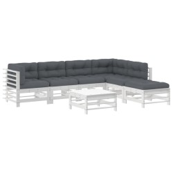 vidaXL 7-tlg. Garten-Lounge-Set mit Kissen Weiß Massivholz