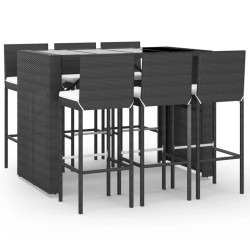vidaXL 7-tlg. Gartenbar-Set mit Kissen Schwarz Poly Rattan