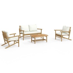 vidaXL 4-tlg. Garten-Lounge-Set mit Cremeweißen Kissen Bambus