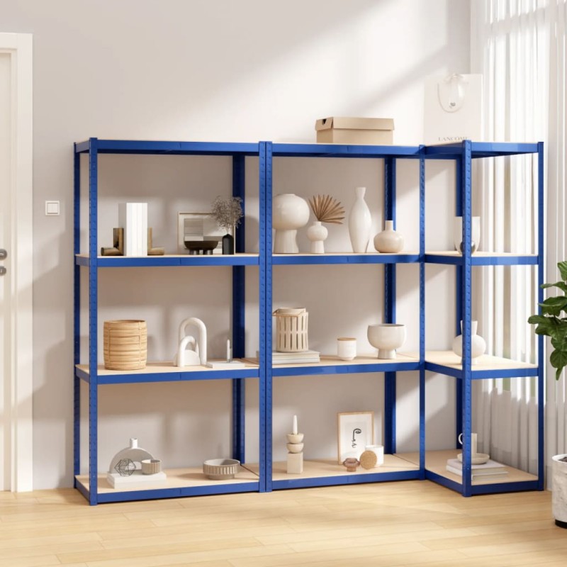 vidaXL Regale mit 4 Böden 3 Stk. Blau Stahl & Holzwerkstoff