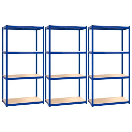 vidaXL Regale mit 4 Böden 3 Stk. Blau Stahl & Holzwerkstoff
