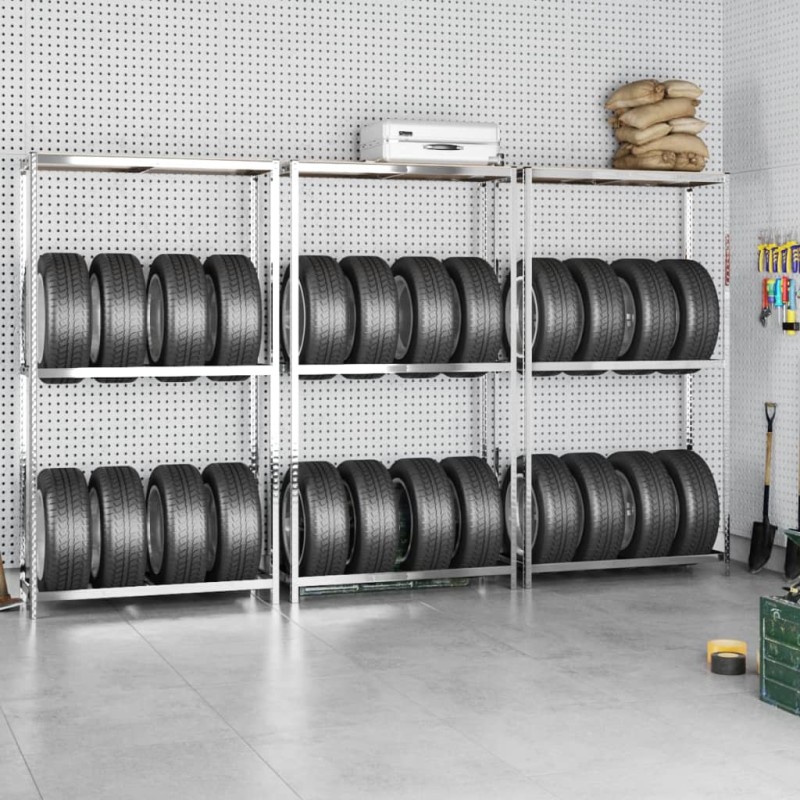 vidaXL Reifenregale mit 2 Böden 3 Stk. Silbern 110x40x180 cm Stahl vidaXL Reifenregale mit 2 Böden 3 Stk. Silbern 110x40x180 cm Stahl