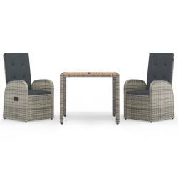 vidaXL 3-tlg. Garten-Essgruppe mit Kissen Grau Poly Rattan
