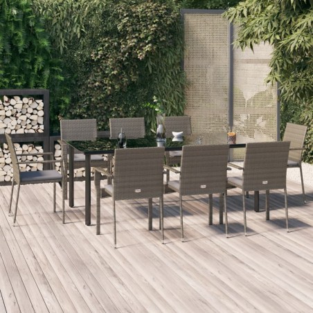 vidaXL 9-tlg. Garten-Essgruppe mit Kissen Schwarz und Grau Poly Rattan