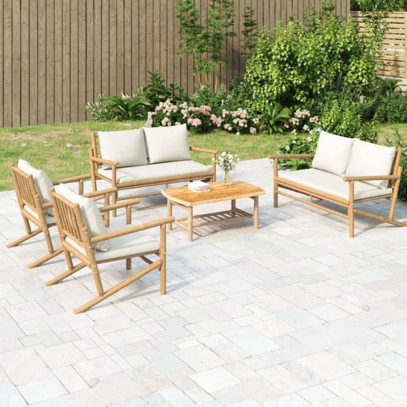 vidaXL 5-tlg. Garten-Lounge-Set mit Cremeweißen Kissen Bambus vidaXL 5-tlg. Garten-Lounge-Set mit Cremeweißen Kissen Bambus
