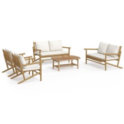 vidaXL 5-tlg. Garten-Lounge-Set mit Cremeweißen Kissen Bambus