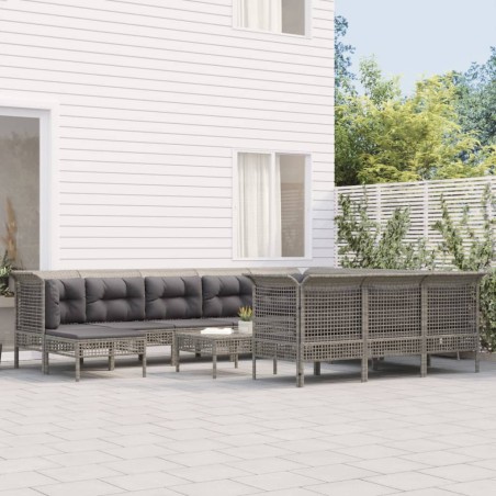 vidaXL 12-tlg. Garten-Lounge-Set mit Kissen Grau Poly Rattan