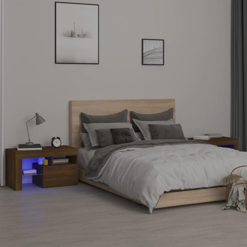 vidaXL Nachttische 2 Stk. mit LED-Leuchten Braun Eichen-Optik vidaXL Nachttische 2 Stk. mit LED-Leuchten Braun Eichen-Optik