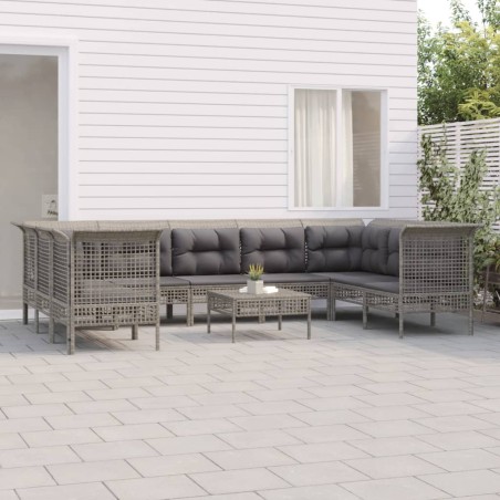 vidaXL 10-tlg. Garten-Lounge-Set mit Kissen Grau Poly Rattan