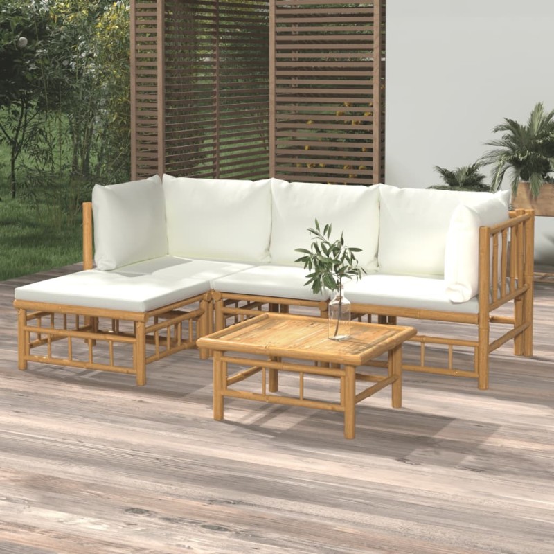 vidaXL 5-tlg. Garten-Lounge-Set mit Cremeweißen Kissen Bambus vidaXL 5-tlg. Garten-Lounge-Set mit Cremeweißen Kissen Bambus
