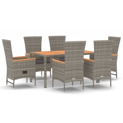 vidaXL 7-tlg. Garten-Essgruppe mit Kissen Grau Poly Rattan