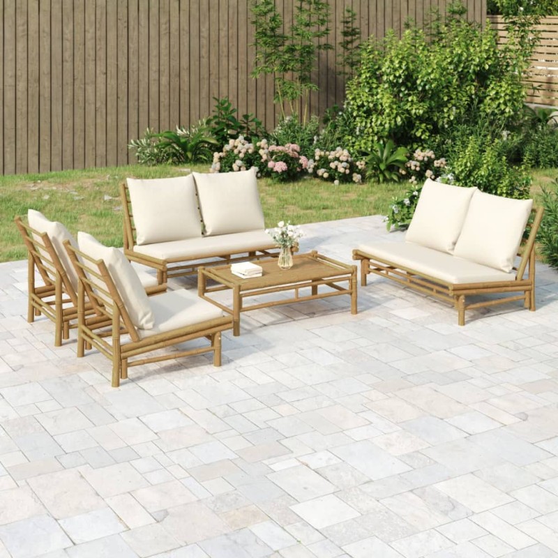 vidaXL 5-tlg. Garten-Lounge-Set mit Cremeweißen Kissen Bambus vidaXL 5-tlg. Garten-Lounge-Set mit Cremeweißen Kissen Bambus