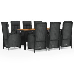 vidaXL 9-tlg. Garten-Essgruppe mit Kissen Schwarz Poly Rattan