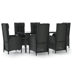 vidaXL 7-tlg. Garten-Essgruppe mit Kissen Schwarz Poly Rattan