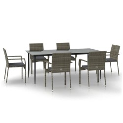 vidaXL 7-tlg. Garten-Essgruppe mit Kissen Schwarz und Grau Poly Rattan