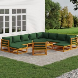vidaXL 12-tlg. Garten-Lounge-Set mit Grünen Kissen Massivholz