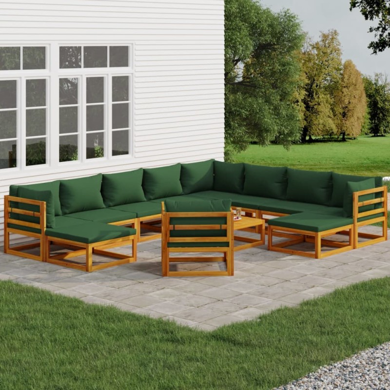vidaXL 12-tlg. Garten-Lounge-Set mit Grünen Kissen Massivholz vidaXL 12-tlg. Garten-Lounge-Set mit Grünen Kissen Massivholz
